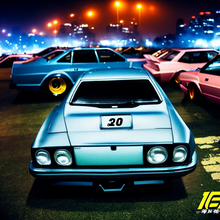 Image similar to a car S30 twin turbo drift at illegal car meet, Gunma prefecture, city midnight mist lights, cinematic lighting, photorealistic, highly detailed wheels, high detail