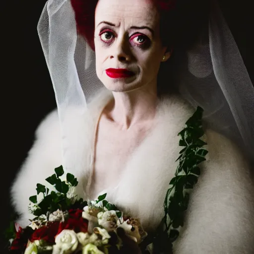 Prompt: dslr photo portrait still of elsa lanchester as the bride, 8 5 mm, f 1. 8,