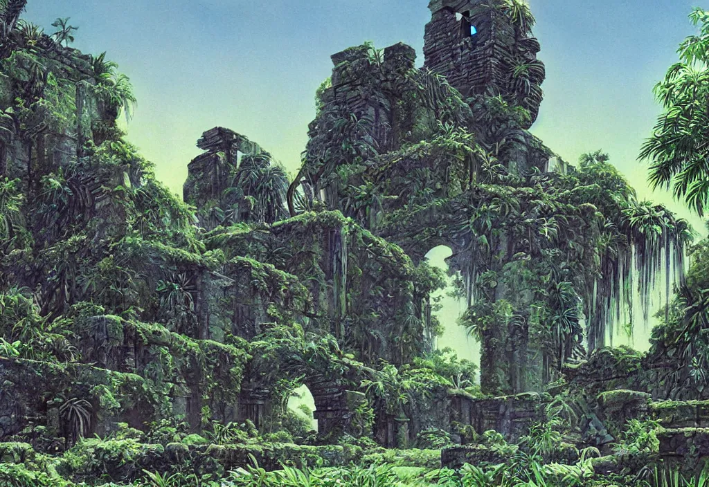 Prompt: a tropical alien world, ancient ruins, by roger dean, david a. hardy, syd dutton
