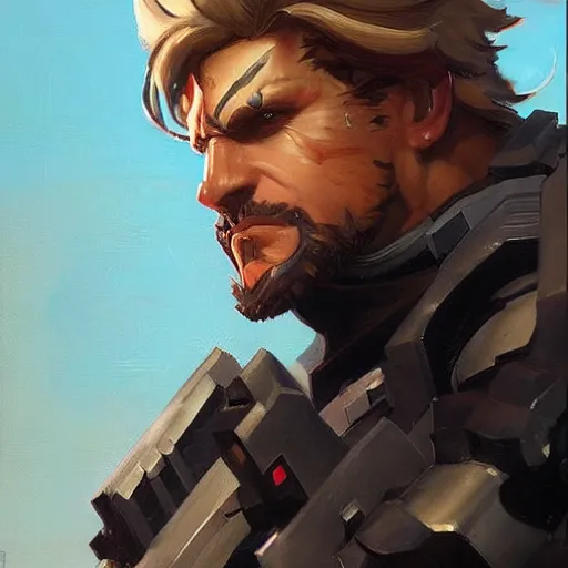 Image similar to greg manchess portrait painting of solid snake as overwatch character, medium shot, asymmetrical, profile picture, organic painting, sunny day, matte painting, bold shapes, hard edges, street art, trending on artstation, by huang guangjian and gil elvgren and sachin teng