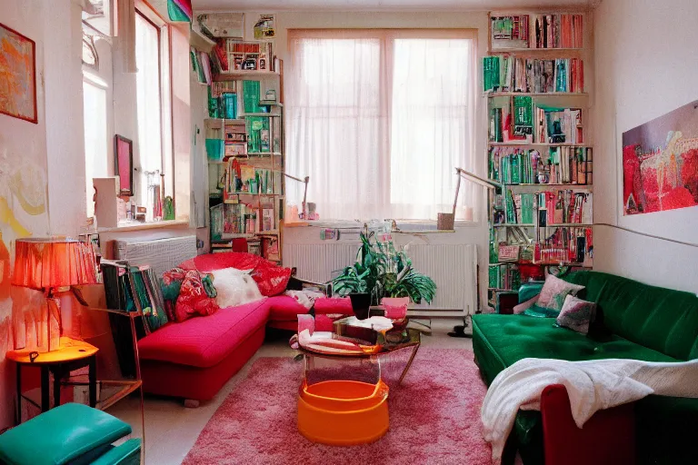 Prompt: apartment inspo groovy lava lamp theme, frog themed, in 2 0 5 5, y 2 k cybercore, bright - light photography, bathed in the glow of a crt monitor, still from a wes anderson movie