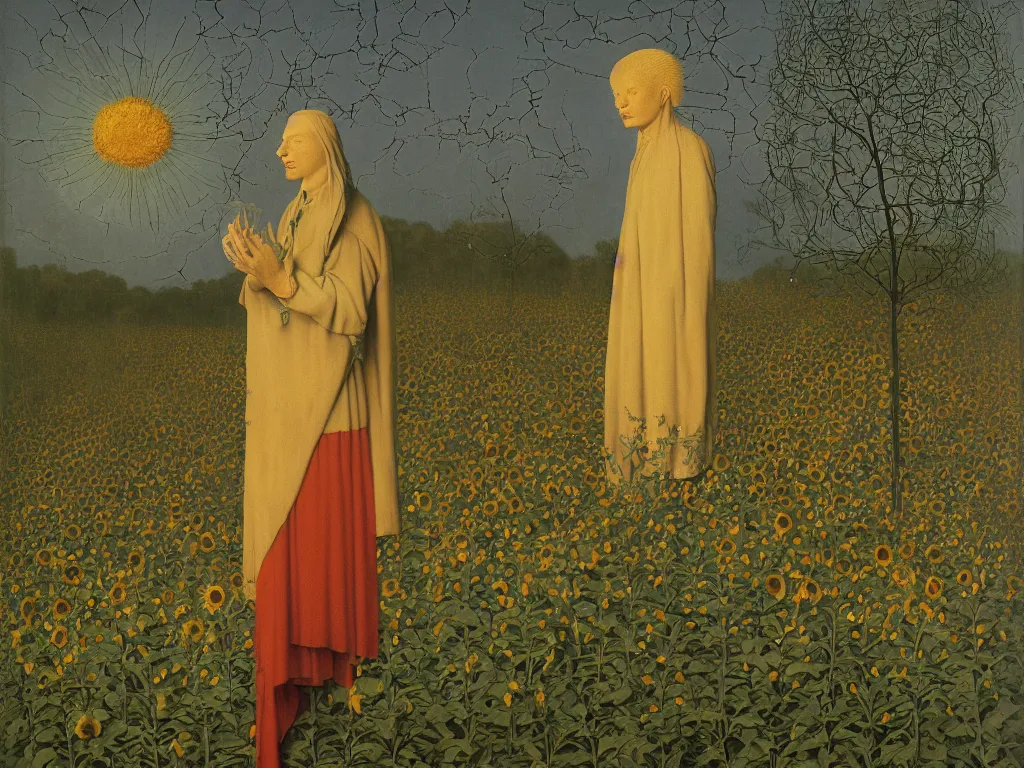 Image similar to Portrait of albino mystic, with wild exotic thorns, with burning sunflower field in the distance. Night. Painting by Jan van Eyck, Audubon, Rene Magritte, Agnes Pelton, Max Ernst, Walton Ford