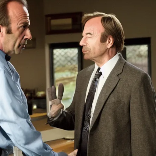 Prompt: saul goodman giving a handshake to walter white