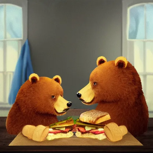 Prompt: two bears making sandwiches, photorealistic, very detailed, award winning photo, masterpiece