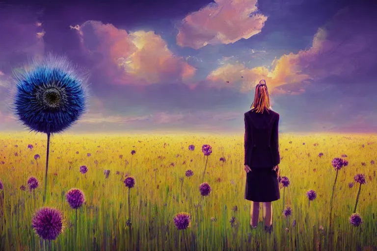 Image similar to giant thistle flower head, girl in suit in field of flowers, surreal photography, sunrise, blue sky, dramatic light, impressionist painting, digital painting, artstation, simon stalenhag