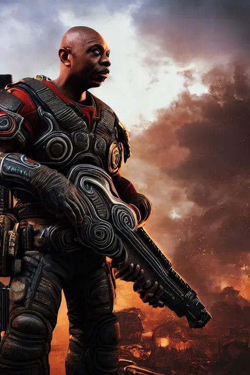 Image similar to Dave Chappelle as a Gears of War character, photorealism, half body, HDR ambient background, unreal engine 5, hyperrealistic, highly detailed, XF IQ4, 150MP, 50mm, F1.4, ISO 200, 1/160s, cinematic lights, Adobe Lightroom, photolab, Affinity Photo, PhotoDirector 365, realistic