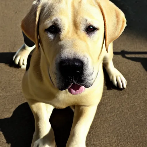 Prompt: yellow lab, fat, happy, 4 k, high quality photo, award - winning