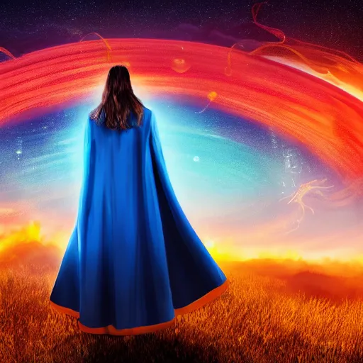 Prompt: high definition illustration of young mage woman with long blue cape, fire in outstretched hand, flowing brown hair, enjoying the view of a horizon of close planets in the sky, dense jungle, high definition, extremely detailed, 8 k, oled, beautiful lighting, shadows, reflections