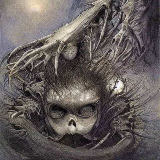 Image similar to 🦀🐟🦇🦍🔥👻, Alan Lee