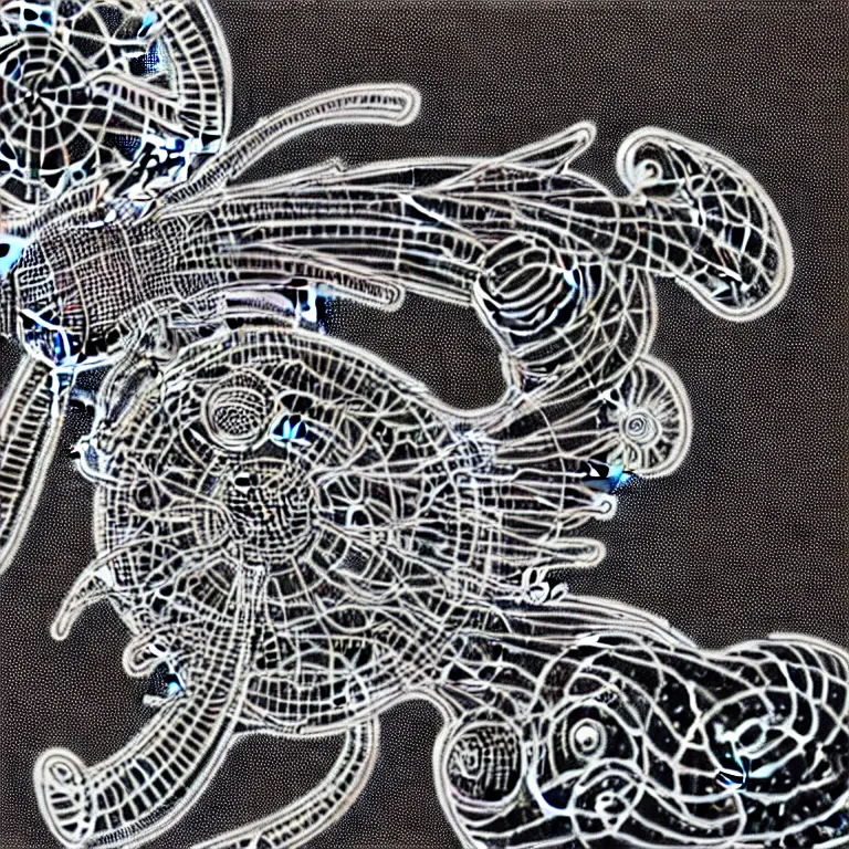 Image similar to a black and white drawing of a variety of sea life and filled with gundam mech equipment space station, a microscopic photo by ernst haeckel, zbrush central, kinetic pointillism, bioluminescence, biomechanical, intricate patterns, photoillustration