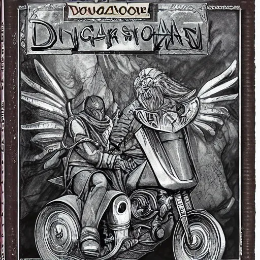 Prompt: dungeons and dragons, wizard on a motorcycle, concept art, players handbook, very detailed, mechanic, schematic, illustration, stats