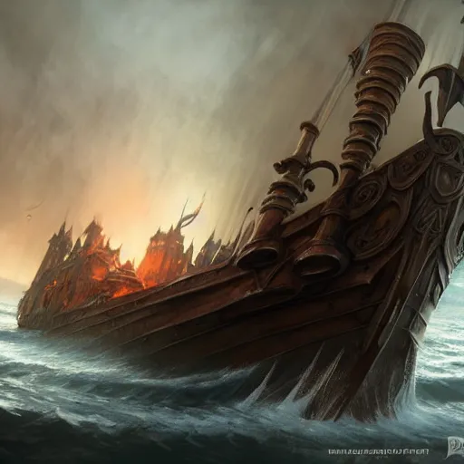 Prompt: D&D medieval fantasy boat ship, Uncharted concept art, naval background, wide angle shot, highly detailed, magic the gathering, fantasy, digital painting, artstation, concept art, smooth, sharp focus, illustration, award-winning 4k art by artgerm and greg rutkowski and alphonse mucha