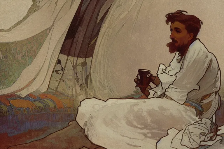 Prompt: a matte painting of a man sitting down and having a cup of tea in his house by the beach, by alphonse mucha, muted colors