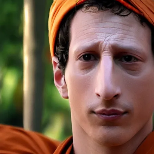 Image similar to perfect shot of detailed face and realistic eyes of andy samberg as an ascetic monk meditating