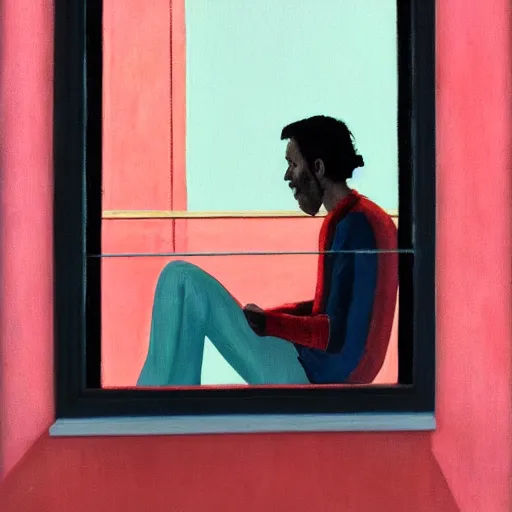 Prompt: a wide angle fine art painting of man with black hair smoking a spliff at the glass door of a balcony at night shown from inside, inspired by the styles of wes anderson and ( edward hopper ), toned orange and pastel pink