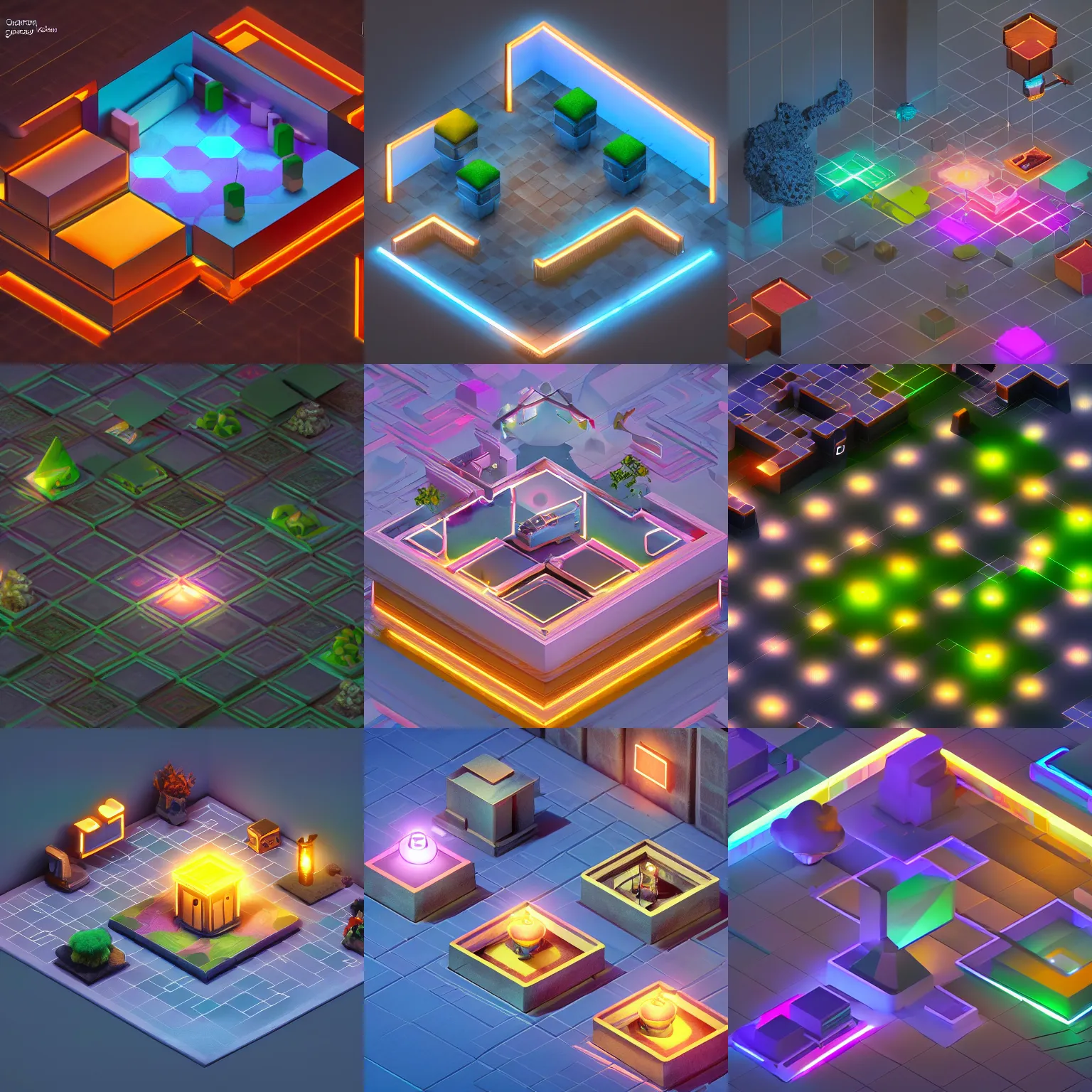 Prompt: isometric game art world, lights with bloom, trending on artstation, mohamed chahin style, vray render with ambient lights and volume 4 k