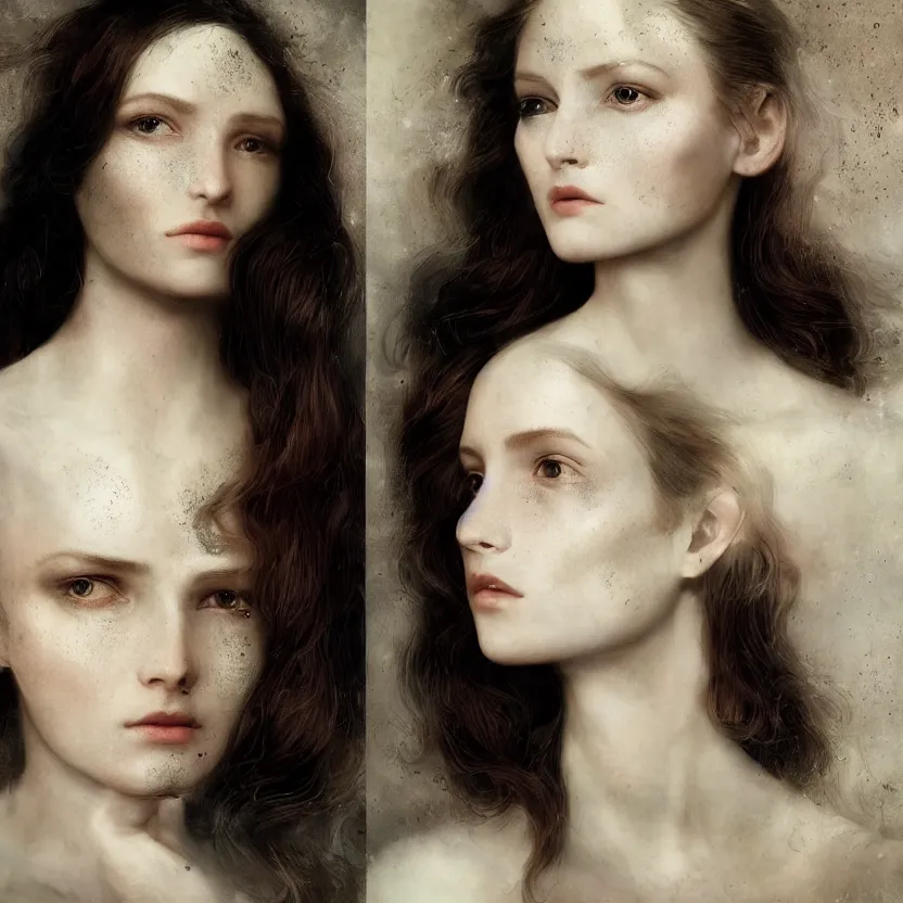 Image similar to stunning close up editorial portrait of a woman, symmetrical face, sci-fi skin, official prada editorial, beautiful pre-raphaelite portrait by charlie bowater, by Hendrik Kerstens, by Zhang Jingna, by norman rockwell, highly detailed