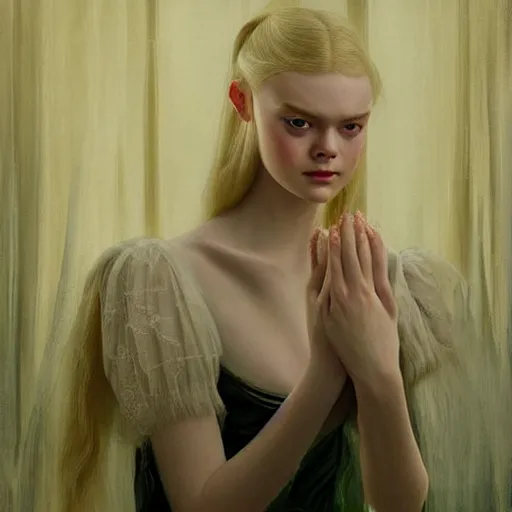 Image similar to a professional painting of Elle Fanning, clothed in ethereal armor, porcelain white skin, long blonde hair, beautiful bone structure, symmetrical facial features, intricate, elegant, digital painting, concept art, smooth, sharp focus, illustration, from Fallout 3, by Edward Hopper and Norman Rockwell and Michael Sowa and Paul Rubens