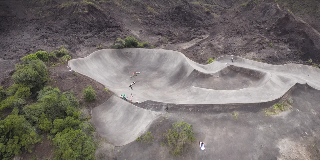 Prompt: a drone shot of a skatepark in a volcano