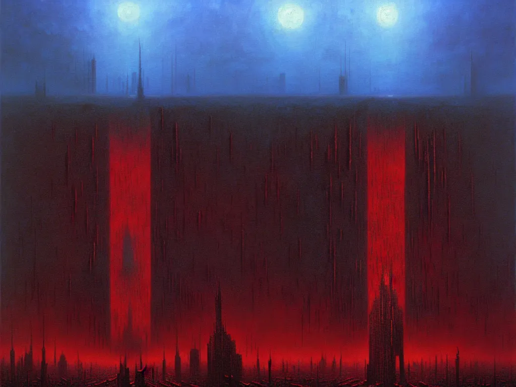 Prompt: an epic cityscape painting of a nightmarish hellscape full of cosmic horrors, by zdzisław beksinski and greg rutkowski, wall street, horror, surreal, cyberpunk, dark, vivid, red, blue, oil on canvas, epic, dramatic, cinematic