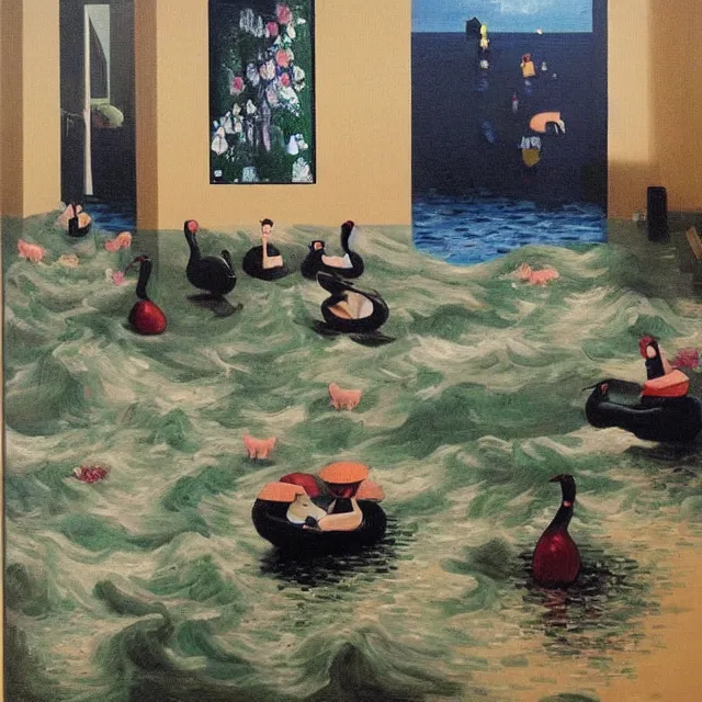 Image similar to painting of flood waters inside an apartment, tall female emo art student, a river flooding indoors, tangelos, pigs, ikebana, water, river, rapids, waterfall, black swans, canoe, pomegranate, berries dripping, acrylic on canvas, surrealist, by magritte and monet