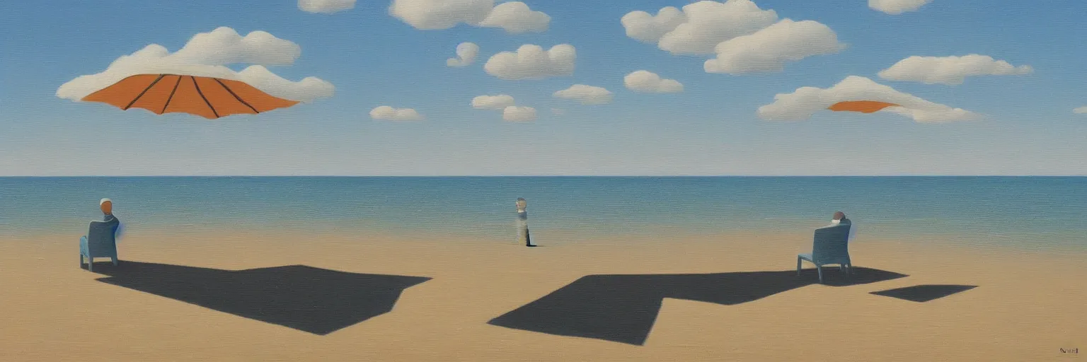 Prompt: beach front boardwalk oil painting magritte