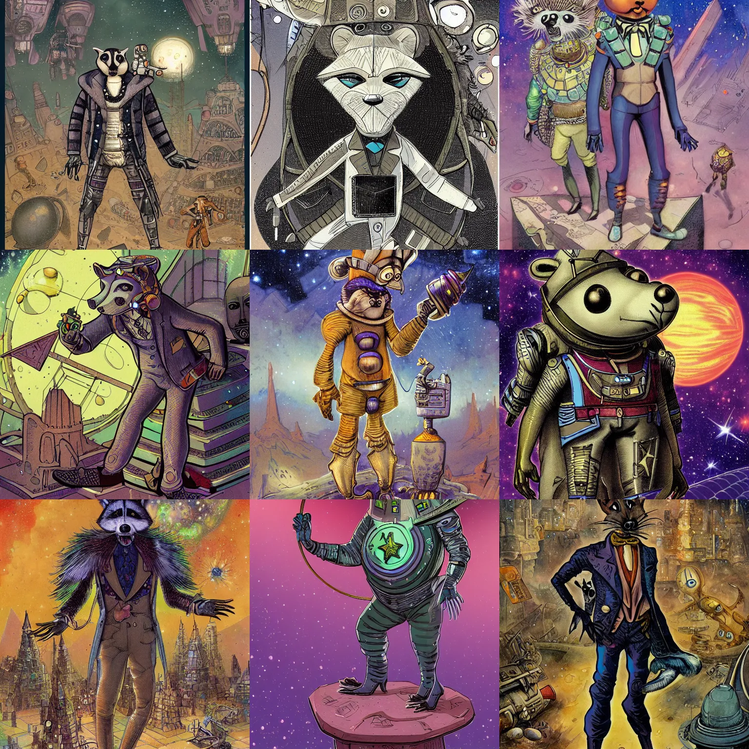 Prompt: a detailed digital art of a fashionable racoon extraterrestrial wearing decopunk armor pyramids and galaxies background by george grosz, by dave gibbons, by j. j. grandville in the style of fantasy, award - winning art, artstationhd