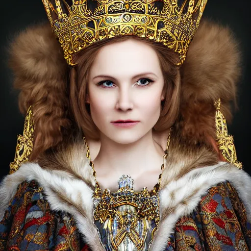 Prompt: beautiful nordic queen with ornate cloak and crown, highly detailed, 4k, HDR, smooth, sharp focus, hyper realistic, high resolution, award-winning photo