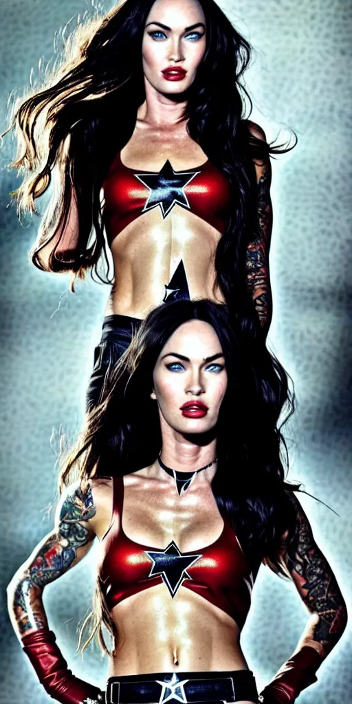 Prompt: Portrait of Megan Fox as a super hero, highly detailed, photographed by Annie Leibovitz.