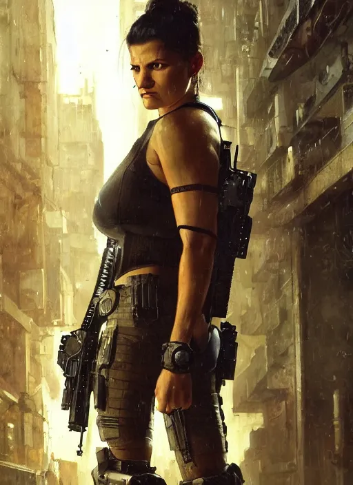 Prompt: gina carano. cyberpunk mercenary in a military vest ( blade runner 2 0 4 9, cyberpunk 2 0 7 7 ). orientalist portrait by john william waterhouse and james gurney and theodore ralli and nasreddine dinet, oil on canvas. cinematic, hyper realism, realistic proportions, dramatic lighting, high detail 4 k