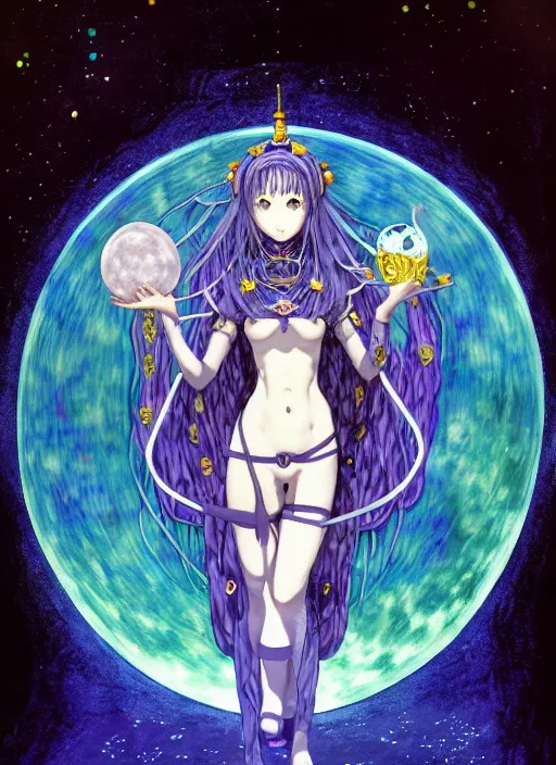 Prompt: full body portrait of the moon priestess, pop art, enchanted, dark, moon, magic, digital, concept art, Kyoto animation,last exile, blue submarine no. 6, katsura masakazu,tsutomu nihei, gustav klimt,loish, murata range, kawaii, studio lighting, manga, bright colors, anime,beautiful, 35mm lens,noir, vibrant high contrast, gradation, jean giraud, moebius, fantasy, rule of thirds, unreal engine, fibonacci, intricate, cel shaded, blender npr, flat, matte print, smooth,ghibli, makoto shinkai