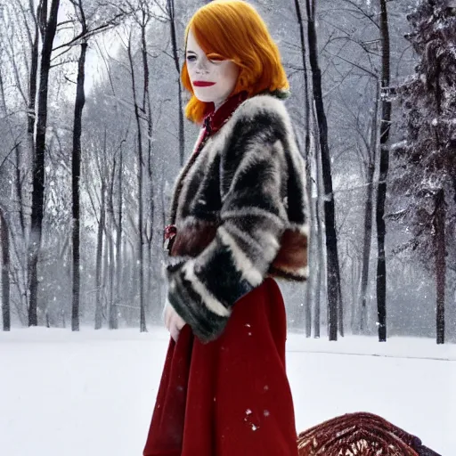 Image similar to emma stone wearing valenki in russian village, winter, painted by ron arad and steve argyle, blonde hair, cinematic