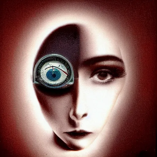 Image similar to The illustration is an abstract portrait of a woman. The woman's face is divided into two halves, one half is black and the other is white. The woman's eyes are large and staring. The illustration is full of energy and movement. clockpunk, macro photo by Vincent Di Fate, by Mark Ryden