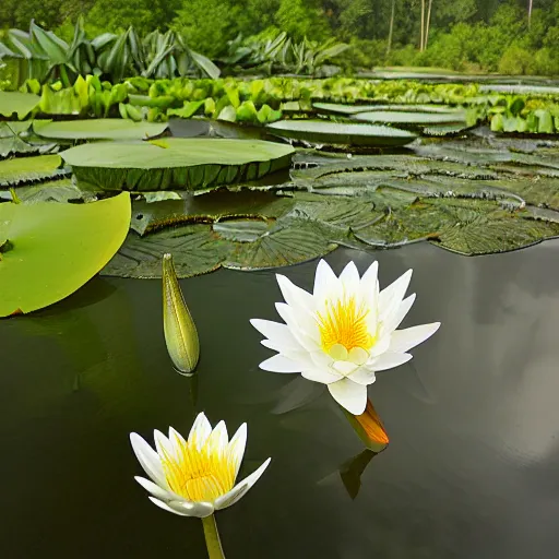 Prompt: cahaba river alabama, water lilies, hymenocallis coronaria,