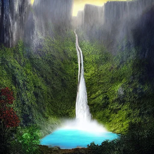 Prompt: photorealistic fantasy digital art depicting a very - distant aerial view of the world's tallest waterfall. the waterfall emerges from a cliff at the peak of the world's tallest mountain, and it falls to the base of the mountain into a lake. the waterfall is unbelievably tall, and the mountain is extremely steep and narrow. there is a city surrounding the lake.