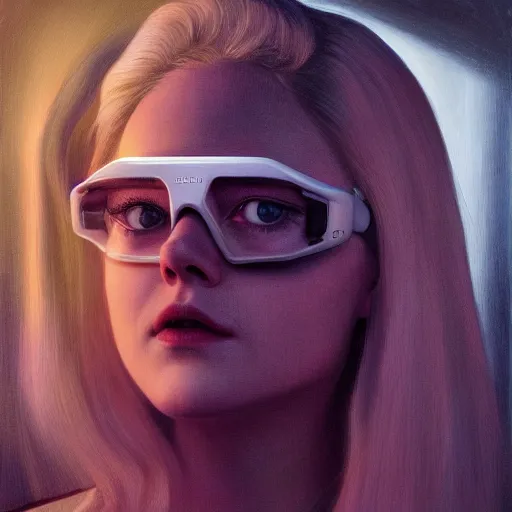 Image similar to Elle Fanning wearing a night vision goggles in the style of Paola Vetri, head and shoulders portrait, stormy weather, extremely detailed masterpiece, oil on canvas, low-key neon lighting, artstation, Blade Runner 2049, Roger Deakin’s cinematography, by J. C. Leyendecker and Peter Paul Rubens and Edward Hopper and Michael Sowa,