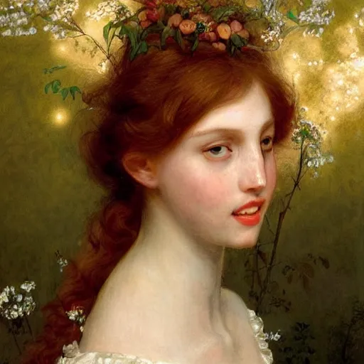 Prompt: a highly detailed, hyper realistic red haired young woman, white romantic dress with intricate details, among golden fireflies, long hair, green eyes, hint of freckles, round gentle face, cheeky smile, deep focus, elegant, smooth, sharp, golden ratio, digital painting, art by elisabeth vigee le brun and vittorio reggianini