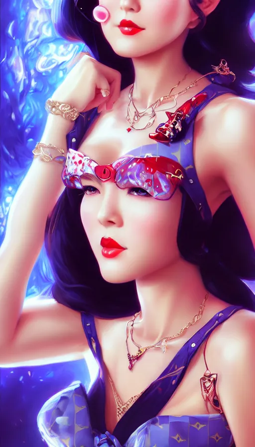 Image similar to a pin up and beautiful fashion and charming and dreamlke asian girl with lv jewelry, medium shot, art by artgerm & ross tran & wlop, hyperdetailed, 8 k realistic, symmetrical, frostbite 3 engine, cryengine, dof, trending on artstation, digital art