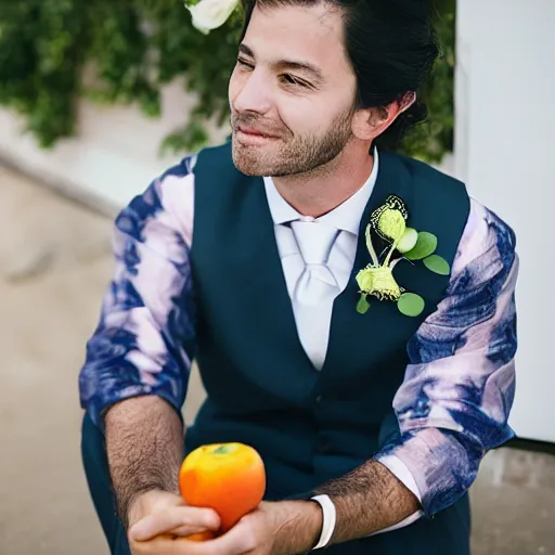 Image similar to photo of a man at his wedding day eating fruit portrait