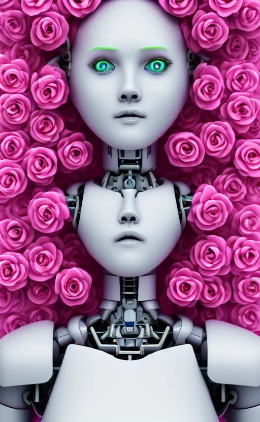 Image similar to detailed vaporwave pastel female robot made out of roses, 3d, digital art, 4k