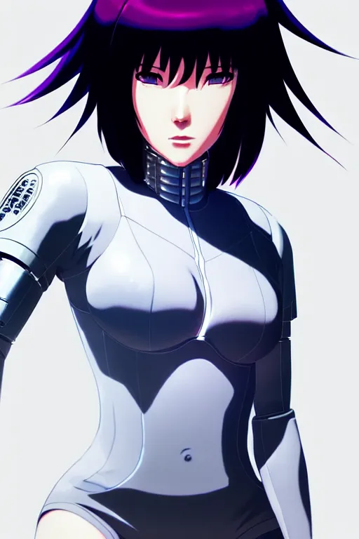 Image similar to a still fullbody portrait of motoko kusanagi ghost in the shell, finely detailed features, closeup at the faces, perfect art, at a cyberpunk city, gapmoe yandere grimdark, trending on pixiv fanbox, by ilya kuvshinov, rossdraws, artgerm