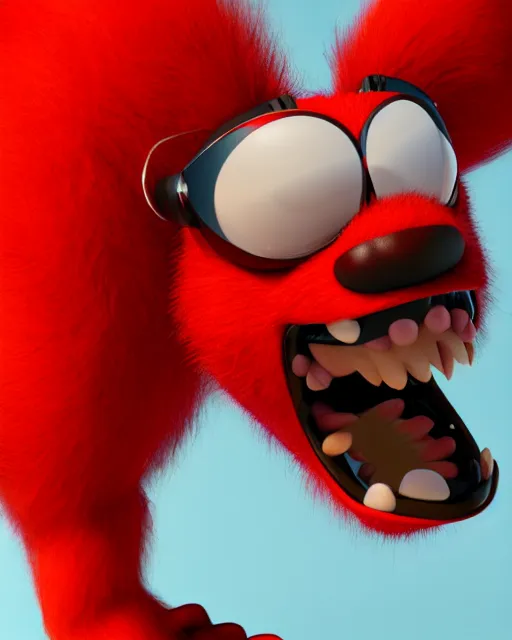 Image similar to 3 d render of completely red hairy friendly antropomorphic creature wearing chrome shades, without nose, full body, standing on 2 feet, in the style of pixar, white background, unreal engine 5, octane render, highly detailed hdr