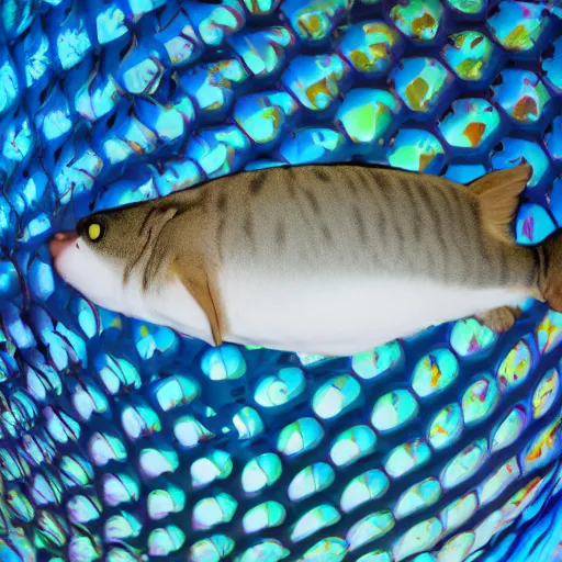 Prompt: a high - quality photo of a cat - fish, blue background, dappled lighting