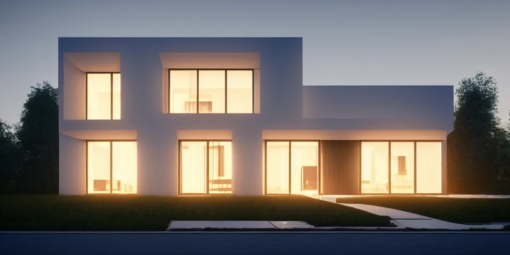 Image similar to A beautiful realistic architectural rendering of a modern minimalistic house with a mysterious glow emitting from inside, by octane render and corona render