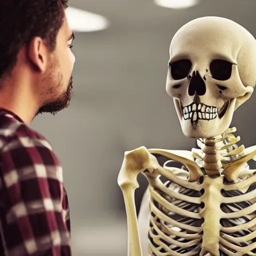 Image similar to a female skeleton talking to a male skeleton.