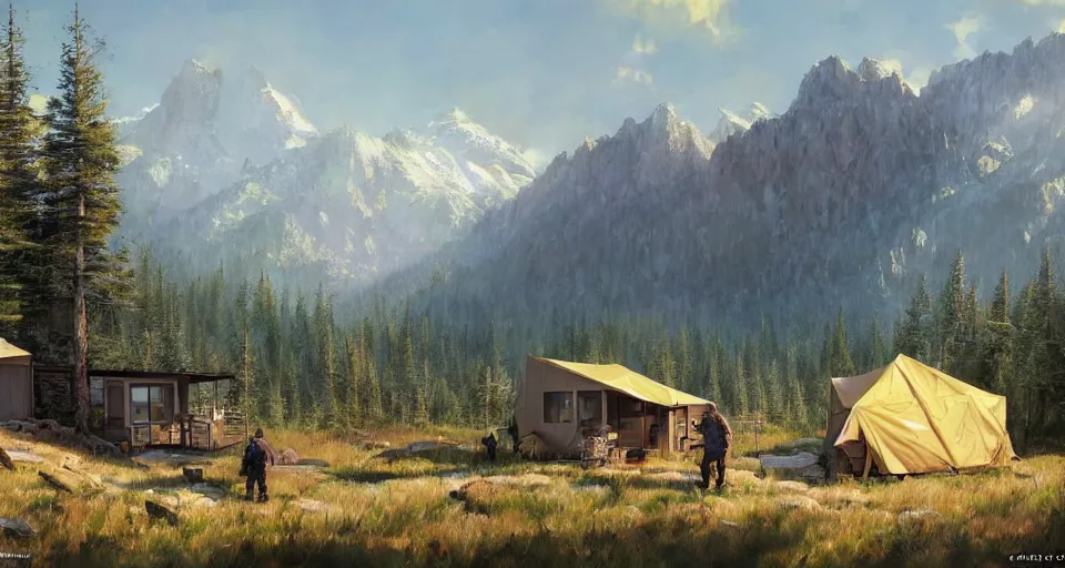 Image similar to cabela's beautiful comfortable community of modular insulated wall container home kit - house all weather family dwelling tent house, person in foreground, mountainous forested wilderness open fields, beautiful views, painterly concept art, environmental concept art, concept art illustration, by james gurney, by craig mullins, by greg rutkowski trending on artstation