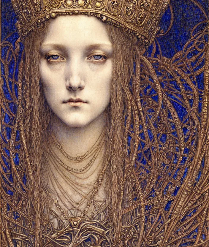 Image similar to detailed realistic beautiful young medieval queen face portrait by jean delville, gustave dore and marco mazzoni, art nouveau, symbolist, visionary, gothic, pre - raphaelite. horizontal symmetry