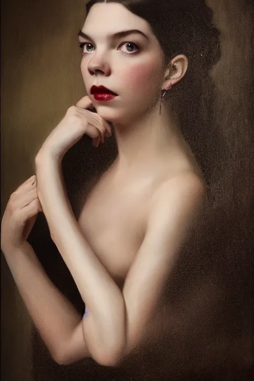 Image similar to a portrait of an elegant beautiful dark bohemian vampire woman, smooth face, glamour shot, bored, illustration, dramatic lighting, soft details, painting oil on canvas, art nouveau, octane render, HDR, 4k, 8k, HD, (Anya Taylor-Joy) by Edmund Blair Leighton, Brom, Charlie Bowater, trending on artstation,