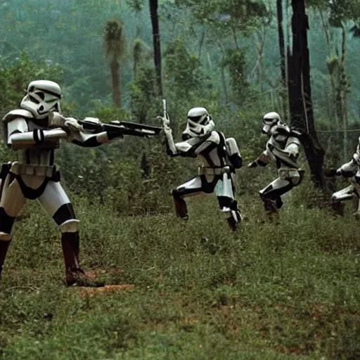 Image similar to star wars clone troopers combat soldiers in vietnam, photo, old picture, lush landscape, jungle, firearms, explosions, helicopters, aerial combat, active battle zone, flamethrower, air support, jedi, land mines, gunfire, violent, star destroyers, star wars lasers, sci - fi, jetpacks, agent orange, bomber planes, smoke, trench warfare