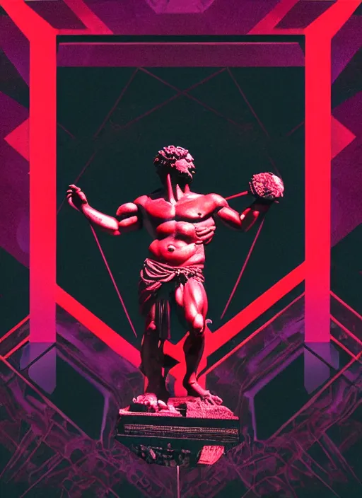 Image similar to black background with subtle red and purple design elements, statue of hercules, nekro, graphic design, collage art, thin lines, dark, glitch art, neo vaporwave, gritty, layout frame, square, trending on artstation